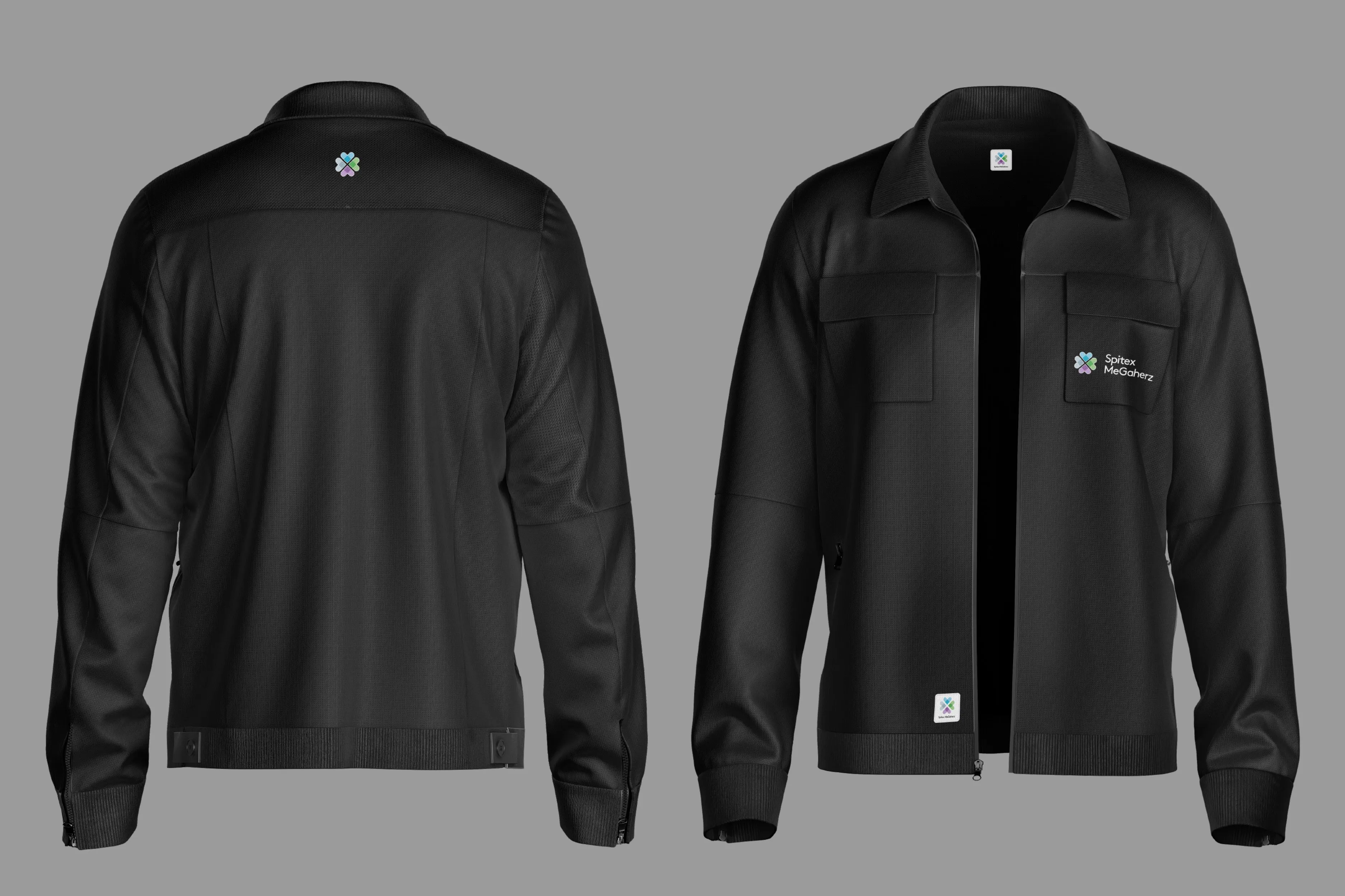 Schwarze Arbeitsjacke von Spitex MeGaherz auf einer Schneiderpuppe, Vorder- und Rückseite